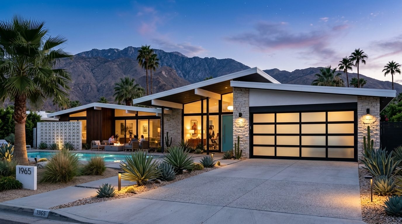 Ethan Master Garage Door Exterior Closed Garage Door at Twilight