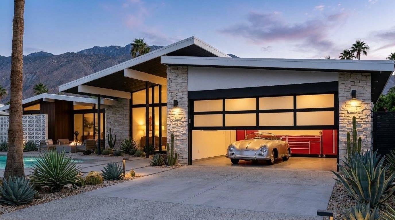 Ethan Master Garage Door Garage Door Gliding Open Revealing Warm Illuminated Interior